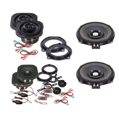 Pachet audio compus din 2 difuzoare componente, 2 difuzoare coaxiale, 2 subwoofere sub scaune, fara amplificator, dedicate BMW Seria E/F/G, cu inele si cablaje plug and play