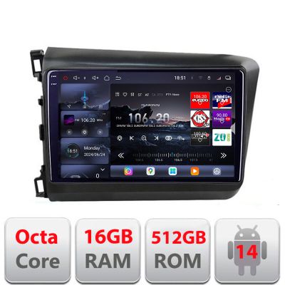 Navigatie Honda Civic 2012-2015 Edotec Kit-132 8 core QLED 2K 12+256GB 360 Android Waze USB Navigatie Internet Youtube Radio